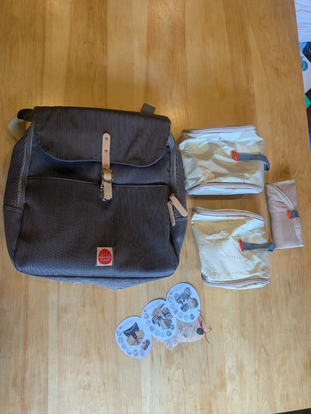 Packapod Brown Pinstripe Backpack with Cream Accessory Pouches